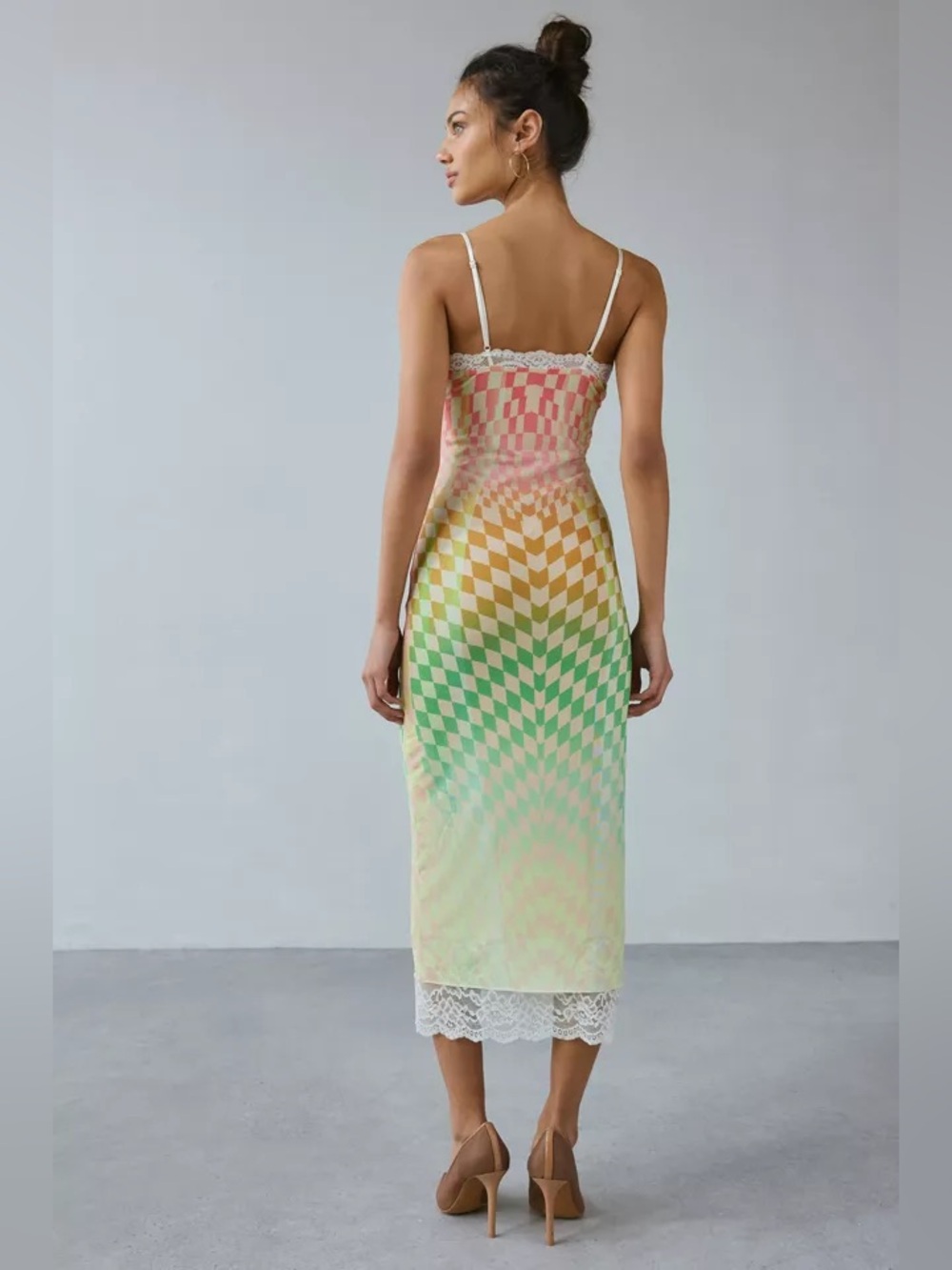AFRM Multicolor Checkerboard Slip Midi Dress with Lace Trim - Picture 2 of 6